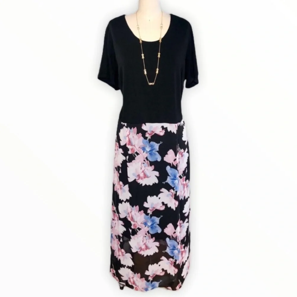 Vince Camuto black floral short sleeve long dress, 2X - Picture 2 of 6